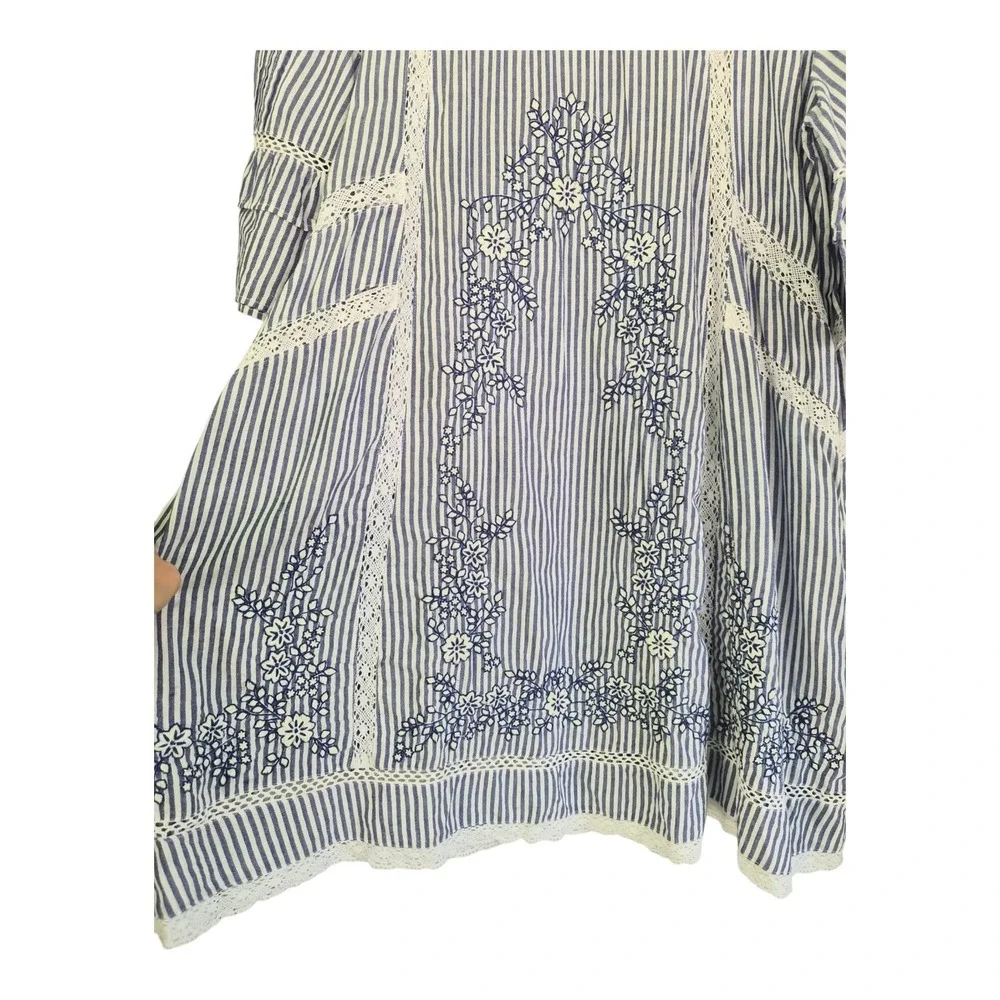 Free People Sunny Day Dress L Blue White Stripe Embroidered Cotton Boho Mini